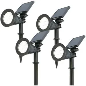 HOFTRONIC 4er Set Bend Solar Gartenstrahler mit Erdspieß - Inkl. Dämmerungsschalter - 6000K kaltweiß- 2 Lichtmodi - 200lm - 6-9 Stunden Brenndauer - Schwenkbar und richtbar - IP65 wasserdicht