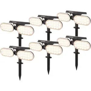 HOFTRONIC 6er Set Pato - Solar Gartenstrahler mit Erdspieß - Bewegungssensor und Dämmerungsschalter - PIR - 3000K warmweiß - 2 Lichtmodi - 300 Lumen - 6-12 Stunden Brenndauer - IP65 wasserdicht
