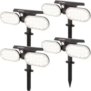 HOFTRONIC 4er Set Pato - Solar Gartenstrahler mit Erdspieß - Bewegungssensor und Dämmerungsschalter - PIR - 6000K tageslichtweiß - 2 Lichtmodi - 300 Lumen - 6-12 Stunden Brenndauer - IP65 wasserdicht