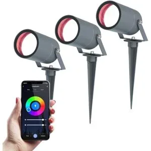 HOFTRONIC SMART 3er Set Spikey Smart Gartenstrahler mit Erdspieß - RGBWW - Wifi + Bluetooth - 5,5W 345lm - IP65 Wasserdicht - App-Steuerung - Google Home, Amazon Alexa und Siri - Anthrazit - Gartenspots
