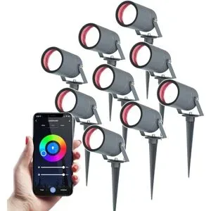 HOFTRONIC SMART 9er Set Spikey Smart Gartenstrahler mit Erdspieß - RGBWWW - Wifi + Bluetooth - 5.5W 345lm - IP65 Wasserdicht - App-Steuerung - Google Home, Amazon Alexa und Siri - Anthrazit - Gartenspots