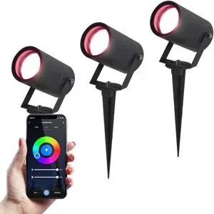 HOFTRONIC SMART 3er Set Spikey Smart Gartenstrahler mit Erdspieß - RGBWWW - Wifi + Bluetooth - 5,5W 345lm - IP65 Wasserdicht - App-Steuerung - Google Home, Amazon Alexa und Siri - Schwarz - Gartenspots