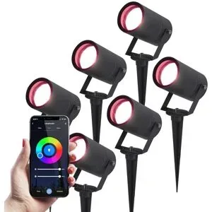 HOFTRONIC SMART 6er Set Spikey Smart Gartenstrahler mit Erdspieß - RGBWWW - Wifi + Bluetooth - 5,5W 345lm - IP65 Wasserdicht - App-Steuerung - Google Home, Amazon Alexa und Siri - Schwarz - Gartenspots