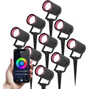 HOFTRONIC SMART 9er Set Spikey Smart Gartenstrahler mit Erdspieß - RGBWWW - Wifi + Bluetooth - 5,5W 345lm - IP65 Wasserdicht - App-Steuerung - Google Home, Amazon Alexa und Siri - Schwarz - Gartenspots