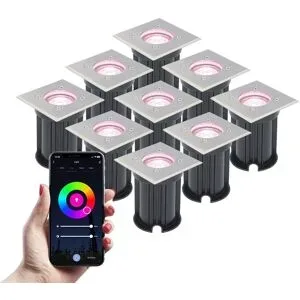 V-TAC 9er Set Smart Bodeneinbaustrahlern außen - Quadratisch - 5,5 W 345 lm - RGBWW - Wifi + Bluetooth - Steuerbar über App - IP65 - Google Home, Amazon Alexa und Siri - edelstahl