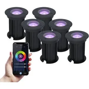 HOFTRONIC SMART 6er Set Maisy Smart Bodeneinbaustrahler außen - Ø12cm - 5.5W 345lm - RGBWW - Wifi + Bluetooth - App Steuerung - IP67 wasserdicht - Google Home - Amazon Alexa - Schwarz