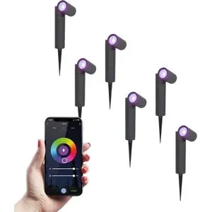 HOFTRONIC SMART 6er Set Pinero - Smart Gartenstrahler mit Erdspieß - IP65 Wasserdicht - 5.5 Watt 345 Lumen - RGBWWW - GU10 - Wifi + Bluetooth - IP65 Wasserdicht - Google Home, Amazon Alexa und Siri - Schwenkbar - Für Innen- und Außenbereich - Schw