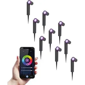 HOFTRONIC SMART 9er Set Pinero - Smart Gartenstrahler mit Erdspieß - IP65 Wasserdicht - 5.5 Watt 345 Lumen - RGBWWW - GU10 - Wifi + Bluetooth - IP65 Wasserdicht - Google Home, Amazon Alexa und Siri - Schwenkbar - Für Innen- und Außenbereich - Schw