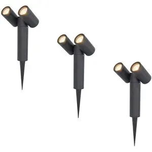 HOFTRONIC 3er Set Pinero Doppel LED Gartenstrahler mit Erdspieß - GU10 8 watt 690 lumen - Dimmbar - Schwenkbar - 2700K warmweiß - IP65 Wasserdicht - Schwarz- Gartenspot - Außenstrahler