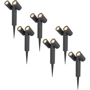 HOFTRONIC 6er Set Pinero Doppel LED Gartenstrahler mit Erdspieß - GU10 8 watt 690 lumen - Dimmbar - Schwenkbar - 2700K warmweiß - IP65 Wasserdicht - Schwarz- Gartenspot - Außenstrahler