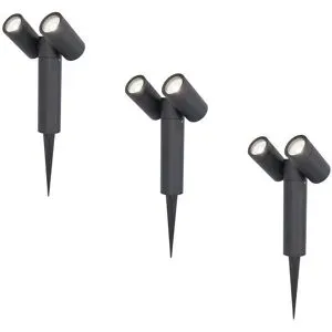 HOFTRONIC 3er Set Pinero Doppel LED Gartenstrahler mit Erdspieß - GU10 8 Watt 690 Lumen - Dimmbar - Schwenkbar - GU10 Fassung - 6500K tageslichtweiß - IP64 Wasserdicht - Schwarz- Gartenspot - Außenstrahler