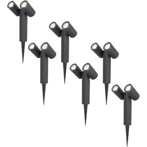 HOFTRONIC 6er Set Pinero Doppel LED Gartenstrahler mit Erdspieß - GU10 8 Watt 690 Lumen - Dimmbar - Schwenkbar - GU10 Fassung - 6500K tageslichtweiß - IP64 Wasserdicht - Schwarz- Gartenspot - Außenstrahler
