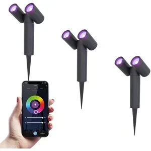 HOFTRONIC SMART 3er Set Pinero - Doppel Smart Gartenstrahler - IP65 Wasserdicht - 11 Watt 690 Lumen - RGBWWW - GU10 - Wifi + Bluetooth - IP65 Wasserdicht - Google Home, Amazon Alexa und Siri - Schwenkbar - Für Innen- und Außenbereich - Schwarz