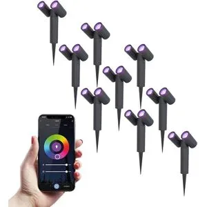 HOFTRONIC SMART 9er Set Pinero - Doppel Smart Gartenstrahler - IP65 Wasserdicht - 11 Watt 690 Lumen - RGBWWW - GU10 - Wifi + Bluetooth - IP65 Wasserdicht - Google Home, Amazon Alexa und Siri - Schwenkbar - Für Innen- und Außenbereich - Schwarz