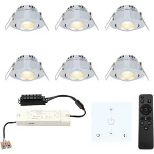 HOFTRONIC 6er Set Granada Mini LED Einbaustrahler mit Trafo und Wanddimmer - 12V 3W 200lm - Dimmbar - Flach 35mm - 2700K - IP44 - Aluminium