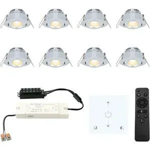 HOFTRONIC 8er Set Granada Mini LED Einbaustrahler mit Trafo und Wanddimmer - 12V 3W 200lm - Dimmbar - Flach 35mm - 2700K - IP44 - Aluminium