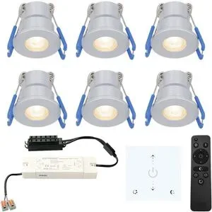 HOFTRONIC 6er Set Milano mini LED Einbaustrahler mit Trafo und Wanddimmer - 12 V 3 W 200 lm - Dimmbar - Flach 34mm - 2700K - IP65 - Aluminium