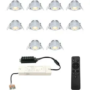HOFTRONIC 10er Set Sienna mini LED Einbaustrahler mit Trafo - 12V 3W 200lm - Dimmbar - Schwenkbar - Flach 30mm - 2700K - IP44 - Aluminium
