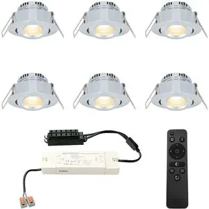 HOFTRONIC 6er Set Sienna mini LED Einbaustrahler mit Trafo - 12V 3W 200lm - Dimmbar - Schwenkbar - Flach 30mm - 2700K - IP44 - Aluminium