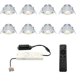 HOFTRONIC 8er Set Sienna mini LED Einbaustrahler mit Trafo - 12V 3W 200lm - Dimmbar - Schwenkbar - Flach 30mm - 2700K - IP44 - Aluminium