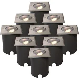 HOFTRONIC 9er Set Cody LED Bodeneinbaustrahler Edelstahl - GU10 4,4 Watt 345 Lumen dimmbar - 2700K warmweiß - schwenkbar - Befahrbar - quadratisch - IP67 wasserdicht