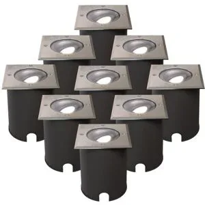 HOFTRONIC 9er Set Cody LED Bodeneinbaustrahler Edelstahl - GU10 4,5 Watt 345 Lumen dimmbar - 6500K tageslichtweiß - Schwenkbar - Befahrbar - quadratisch - IP67 wasserdicht