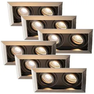 HOFTRONIC 6er-Set Durham - LED Einbaustrahler - Schwenkbar - 8 watt 690 lumen - 2700K warmweiß - Doppelt - GU10 - Dimmbar - Rechteckig - IP20 für Innenbereich - Edelstahl
