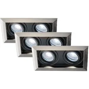 HOFTRONIC 3er-Set Durham - LED Einbaustrahler - Schwenkbar - 8 Watt 690 Lumen - 6500K tageslichtweiß - Doppelt - GU10 - Dimmbar - Rechteckig - IP20 für Innenbereich - Edelstahl