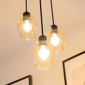 HOFTRONIC Zora - Pendelleuchte Glas - Bernstein - 3 Lichtpunkte - E27 - 7 Watt 806 Lumen - 2700K - Schwarz - IP20 - Pendelleuchte Glaskugeln