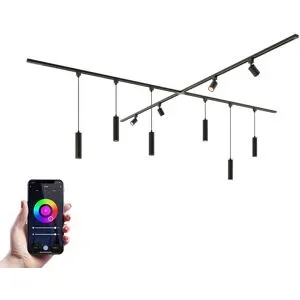 HOFTRONIC Taros LED Schienensysteme-Paket - X-Form - 4x 1,5 m Schiene - 4 Schienenstrahler - 6 Pendelleuchte - Inkl. RGBWW GU10 - IP20 - modular - 230 V