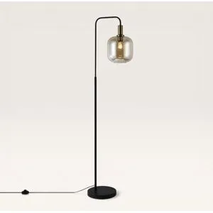 LUSENZ Xirena - Stehlampe Schwarz Metall 150 cm - Stehlampe wohnzimmer - Modern vintage design - E27 Fassung - Bernsteinfarbenes Glas - Mit Fußschalter