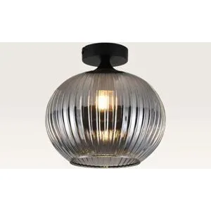 LUSENZ Deckenleuchte Globo vetro fumé ? Kugel aus geriffeltem Rauchglas und schwarzer Metallhalter ? Ohne Leuchtmittel
