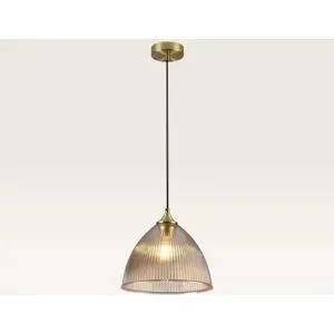 LUSENZ Hängelampe Ciotola ambra pendente ? Kuppelförmige Kugel aus geriffeltem bernsteinfarbenem Glas und Metallträger in Gold ? Ohne Leuchtmittel