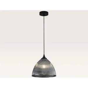 LUSENZ Hängelampe Ciotola vetro fumé pendente ? Kuppelförmige Kugel aus geriffeltem Rauchglas und schwarzem Metallträger ? Ohne Leuchtmittel