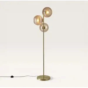LUSENZ Ciotola - Stehlampe Gold Metall 150 cm - Stehlampe wohnzimmer - Klassisch design - 3 Kugeln - E27 Fassung - Bernsteinfarbenes Glas - Mit Fußschalter