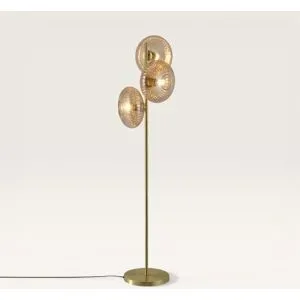 LUSENZ Virello - Stehlampe Gold Metall 150 cm - Stehlampe wohnzimmer - Klassisch design - 3 Kugeln - E27 Fassung - Bernsteinfarbenes Glas - Mit Fußschalter