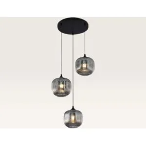 LUSENZ Hängelampe Virello vetro fumé pendente ? Drei Kugeln aus geriffeltem Rauchglas mit verspielter Optik ? Ohne Lichtquelle