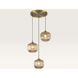 LUSENZ Hängelampe Virello ambra pendente ? Drei Kugeln aus geriffeltem bernsteinfarbenem Glas mit verspielter Optik ? Ohne Lichtquelle