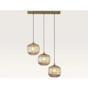 LUSENZ Hängelampe Virello ambra III ? Drei Kugeln aus geriffeltem bernsteinfarbenem Glas mit verspielter Optik ? Ohne Lichtquelle