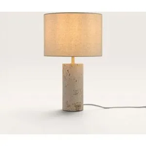 LUSENZ Nalori - Designer Tischlampe Travertin 40 cm - Beige Leinen Lampenschirm - Tischlampe wohnzimmer - Skandinavisches design - E27 Fassung - Mit Ein/Aus-Schalter