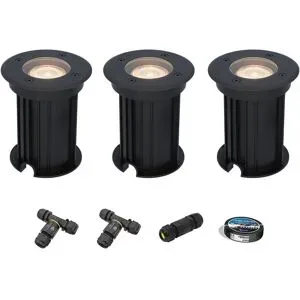 HOFTRONIC 3er Set Maisy LED Bodeneinbaustrahler außen - Ø12cm - Dimmbar - GU10 Fassung - 2700K warmweiß - 4W 345lm - Rund - Bodenstrahler - Auffahrt - Schwarz - IP67 - Inklusive Installationsmaterial (Kabel & Verbinder)