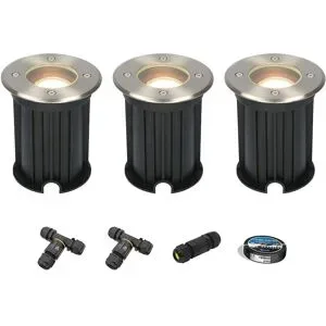 HOFTRONIC 3er Set Maisy LED Bodeneinbaustrahler außen - Ø12cm - Rund - Dimmbar - GU10 Fassung - 2700K Neutralweiß - 4W 345lm - Bodenstrahler - Edelstahl - IP67 - Inklusive Installationsmaterial (Kabel & Verbinder)