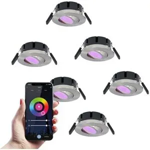 HOFTRONIC SMART 6er-Set Napels Smart Einbaustrahler Extra Flach (39mm) - IP65 Wasserdicht - 8 Watt 600 Lumen - Schwenkbar - Wifi + Bluetooth - RGBWW - Google Home, Amazon Alexa und Siri - Edelstahl - Für den Innen- und Außenbereich