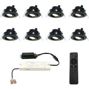 HOFTRONIC 8er Set Sienna LED Mini Einbaustrahler mit Trafo - 12 Volt 3 Watt 200 Lumen - Dimmbar - Schwenkbar - Flach 30mm - 2700K - IP44 wasserdicht - Schwarz