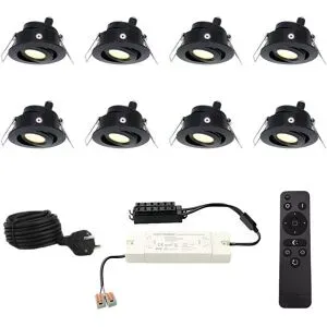 HOFTRONIC 8er Set Sienna 12V Einbaustrahlern - 3 Watt 200 Lumen - 2700K warmweiß - Schwarz - IP44 wasserdicht - schwenkbar - Verandaspots - mit Fernbedienung