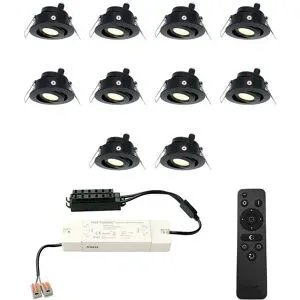HOFTRONIC 10er Set Sienna LED Mini Einbaustrahler mit Trafo - 12 Volt 3 Watt 200 Lumen - Dimmbar - Schwenkbar - Flach 30mm - 2700K - IP44 wasserdicht - Schwarz