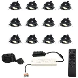 HOFTRONIC 12er Set Sienna 12V Einbaustrahlern - 3 Watt 200 Lumen - 2700K warmweiß - Schwarz - IP44 wasserdicht - schwenkbar - Verandaspots - mit Fernbedienung