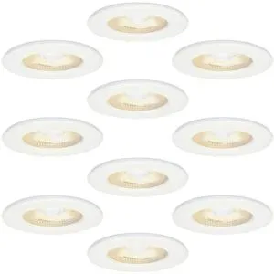 HOFTRONIC 10er Set Nola - LED Einbaustrahler Ultra Flach Einbautiefe 49mm - 5 Watt 450 Lumen - 2700K warmweiß - Dimmbar - Rund - IP65 wasserdicht - Für Bad, Innen und Außen - Weiß