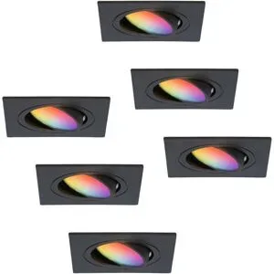 HOFTRONIC SMART 6er Set Mallorca - LED Einbaustrahler - Schwenkbar - 5,5 Watt 345 Lumen - Wifi + Bluetooth - RGBWW - GU10 - Google Home, Amazon Alexa und Siri - Viereckig - IP20 für Innenbereich - Schwarz