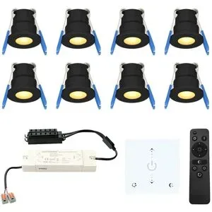 HOFTRONIC 8er Set Milano LED Mini Einbaustrahler mit Trafo und Wanddimmer - 12 Volt 3 Watt 200 Lumen - Dimmbar - Flach 34mm - 2700K - IP65 wasserdicht - Schwarz